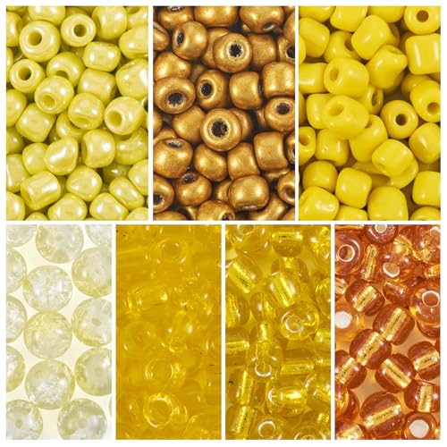 Craftdady 90g Small Glass Seed Beads 6/0 Yellow Bracelet Beads Tiny Round Loose Spacer Beads Handmade Craft Beads with 22pcs 8mm Round Glass Beads for DIY Necklace Jewelry Making