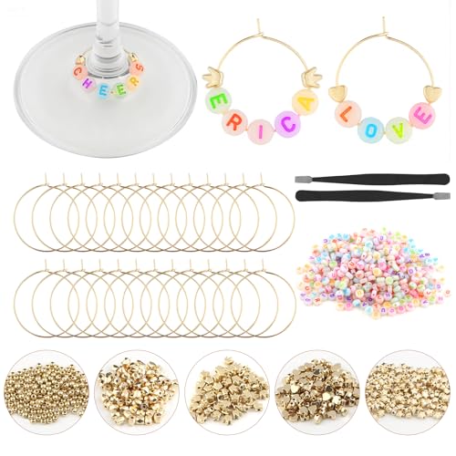 MOMOTONX 60 Set DIY Wine Glass Charms, 1040 Letter Beads 300 Gold Bead Charms 60 Rings for Stem Glasses, Personalized Wine Glass Markers Tags for Wedding Party Decorations (Luminous) - style: Luminous