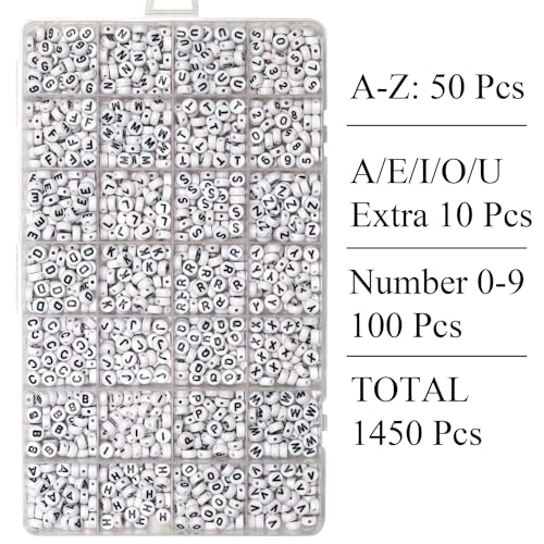 Melius 1450Pcs Acrylic Letter and Number Beads, 4x7mm Alphabetical Flat Round Alphabet Beads in 28 Grid Box for Bracelets, DIY Crafts - color: White-Number, size: 4x7mm