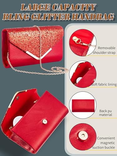 Henoyso 5 Pcs Rhinestone Jewelry Sets Prom Purse Jewelry Rhinestone Clutch Purse Bride Necklace Earrings Bracelets for Women - color: Red