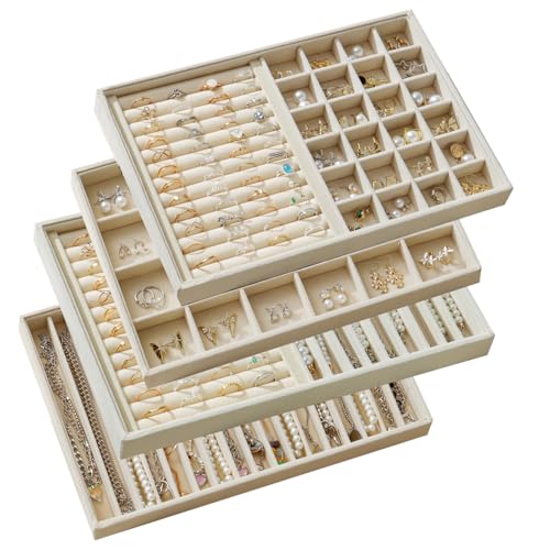 Large Jewelry Drawer Organizer Trays Set of 4, Stackable Velvet Jewelry Trays Organizer Holder Display Storage Showcase for Earring Necklace Bracelet Ring Accessary (Beige, R1+R2+16+24 Grids) - color: Beige, size: R1+R2+16+24 Grids