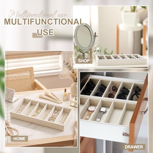 Juexica 4 Pcs Velvet Sunglasses Organizer Tray 6 Grid Sunglass Organizer Velvet Tray Stackable Glasses Display Case for Women Glasses Jewelry Display Watch (Beige PU) - color: Beige Pu