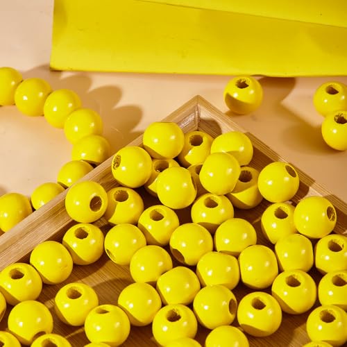 240Pcs Yellow Wood Beads 16mm for Craft Large Hole Wood Beads for Craft - color: Yellow