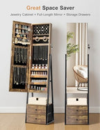 Nicetree Jewelry Cabinet Armoire with 2 Drawers, Lockable Standing Jewelry Mirror Cabinet, Full Length Mirror with Jewelry Storage, Rustic Brown - color: Rustic Brown