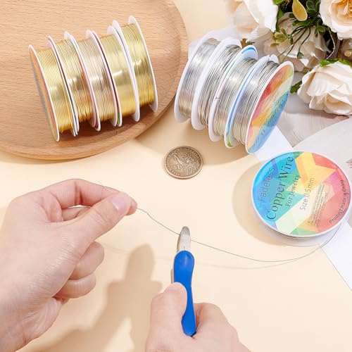 Beebeecraft 206FT 10 Rolls Copper Craft Wire Jewelry Wire Roll 18/20/22/24/26 Gauge Silver Gold Round Electroculture Gardening Artwork Metal Cords for Beading Plants Crafts Projects Jewelry DIY Making
