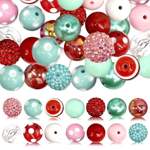 50Pcs Chunky Bubblegum Beads, 20mm Chunky Bubble Gum Beads for Adult DIY Beadable Pens Bracelets Necklaces Pearl Beaded Craft Mother's Day Jewelry Making (Red&Teal) - color: Red+Pink+Green