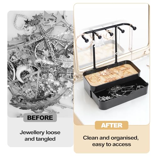 WCHOSOZH Jewelry Organizer Stand, 2-Tier Necklaces Holder with Wooden Tray and 5 Storage Hooks, Earring Holder with 5 Pcs Jewelry Bags for Bracelet,Chains,Rings,Earrings,Keys Watches (Black) - color: Upgraded Black
