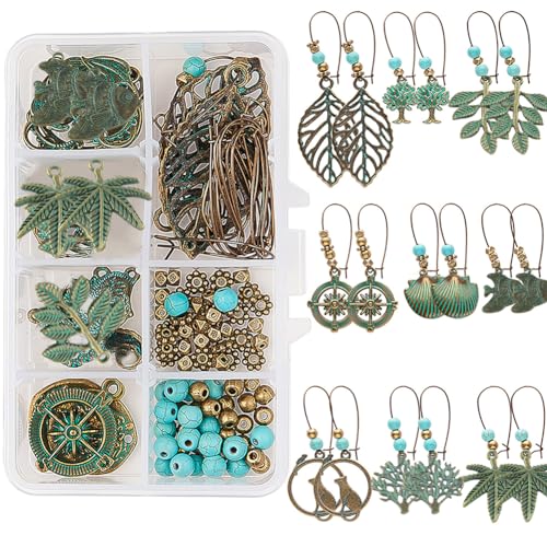 SUNNYCLUE 1 Box DIY 9 Pairs Metal Hollow Bohemian Vintage Dangle Earrings Jewelry Making Starter Kit Alloy Green Patina Tree Leaf Coin Sea Horse Charms Turquoise Beads Craft Supplies for Beginners - color: Bohemian Style 4