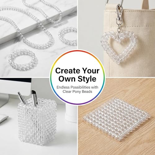 1000+ Pcs Pony Beads Bulk - Sukh 6x9 mm Plastic Bracelet Crystal White Clear Beads for Bracelets Making, Hair Braids, DIY Crafts, Key Chai Making, Home Decor
