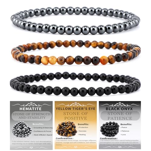 NCB 2.3-Piece 4mm Natural Crystal Gemstone Stretch Bracelets – Handmade Reiki Energy Healing Jewelry for Meditation,Yoga, Unisex - color: 3PCS ( Black Onyx+Hematite+Yellow Tiger's Eye ), size: 4mm
