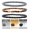 NCB 2.3-Piece 4mm Natural Crystal Gemstone Stretch Bracelets – Handmade Reiki Energy Healing Jewelry for Meditation,Yoga, Unisex - color: 3PCS ( Black Onyx+Hematite+Yellow Tiger's Eye ), size: 4mm
