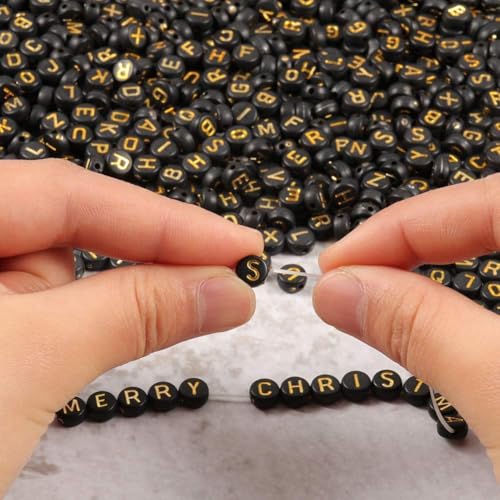 Yochus 1000pcs Black Round Acrylic Alphabet Beads 4x7mm Gold Letter A-Z Beads for Jewelry Making and DIY Bracelets, Necklaces, Key Chains - color: Black/Gold, size: 4x7mm