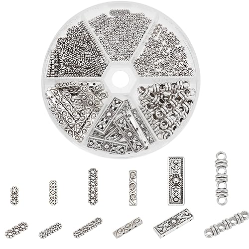 PH PandaHall 160pcs Rectangle Spacer Bar Beads, 6 Styles Tibetan Antique Silver Beads 3 4 6 Hole Multi Strand Connector Link End Bar for Layered Bracelets Necklaces Jewelry Making