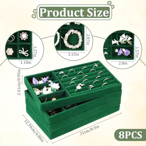 Dimeho Set of 8 Stackable Jewelry Trays Velvet Jewelry Organizer Display Case Storage Drawer Inserts Jewlery Container for Necklace Bracelet Rings Watch Earrings (Green)