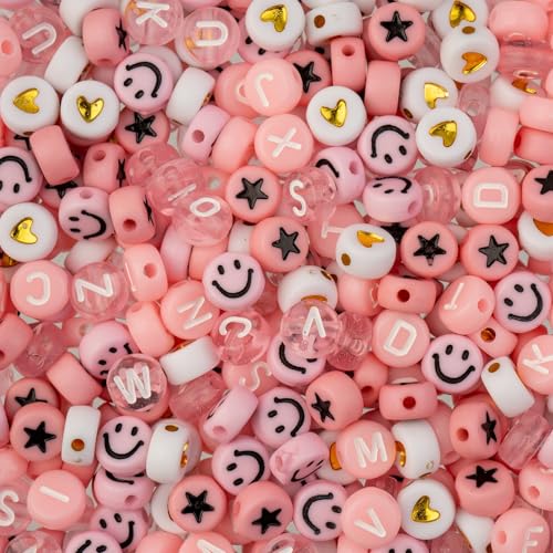 495pcs John Bead 7mm Assorted Pink Round Acrylic Alphabet Beads for DIY Craft Jewelry Bracelet Necklace Making - color: Pink