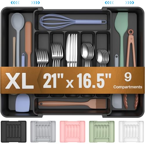 ukeetap Extra Large Expandable Silverware Organizer, BPA-Free Food-Safe Cutlery Flatware Organizer, Kitchen Utensil Drawer Organizer, Adjustable Silverware Holder for Spoons Forks Knives, Black - color: Black