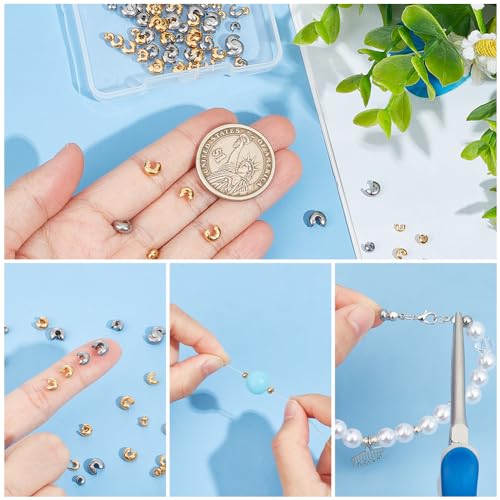 UNICRAFTALE 160Pcs 2 Colors 4 Sizes Stainless Steel Crimp Beads Covers Metal Half Round Spacer Beads Small Crimp Beads DIY Bracelet Crimping Beads for Jewelry Making - size: 3-6.5mm