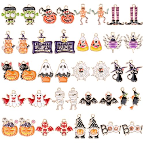 MARFOREVER 40 Pcs/20 Pairs Halloween Charms, Enamel Halloween Charms Bulk Pumpkin Bat Skeleton Witch Spider Candy Charm Pendants for Jewelry Bracelet Necklace Making - style: Halloween