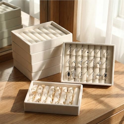 6 Pcs Small Jewelry Tray-ring Organizer Velvet Rings Earring Display Tray Mini Storage Insert Holder 7 Slots for Drawer(Beige) - color: Beige