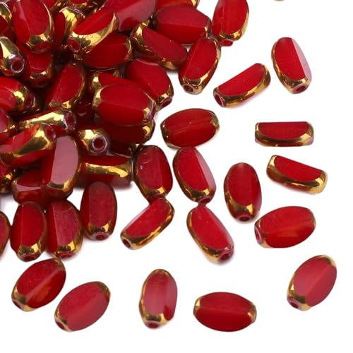 Glass Rice Beads Red 4x6mm 50pcs Faceted Oval Golden Edge Crystal Loose Beads for DIY Craft Jewelry Making - color: Red