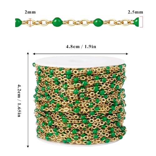 33 Feet Gold Enamel Chains Bulk, 2mm 18K Gold PVD Plated 304 Stainless Steel Green Enamel Beaded Cable Link Chain Roll Spool for Jewelry Making - color: Gold Green Beads