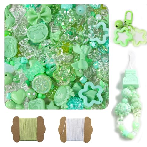 500G Assorted Acrylic Beads 600-760PCS Cute Beads for Jewelry Making 10M 0.8MM Nylon Strip Flower Star Bear Bow Aesthetic Kawaii Charms for Bracelet DIY Necklace Keychain Phone Charm-Green - color: 500g-Green