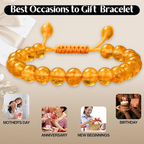 Amazing Gemstone Amber Quartz Bracelet for Women Men's Gifts - Protection Healing Crystal Bracelet - 8mm Gemstone Beaded Adjustable Bracelet Pulseras Para Hombres Mujer Stocking Stuffers - color: Amber