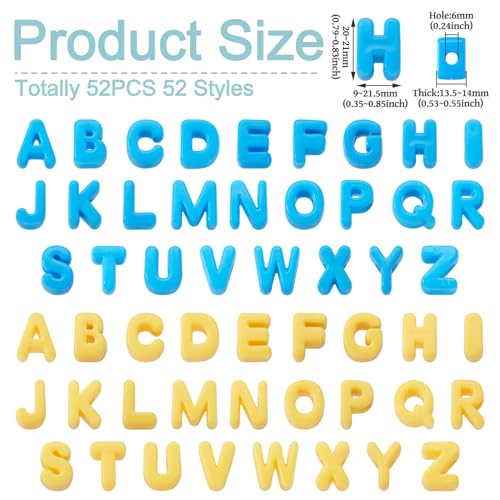 Yellow Blue Slide Letter Beads, 52Pcs Large Alphabet Bead Charm Block 3D Initial Beads with Horizontal Hole for Wristbands Bracelets Necklace Choker Jewelry Making - color: Yellow Blue, Letter A~Z