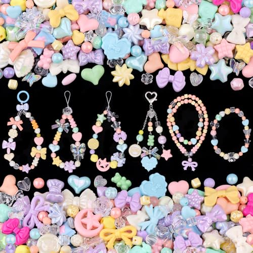 200-260PCS TINKRSTUFF Assorted Acrylic Beads Macaroon Cute Beads for Bracelet Making, Bow Flower Butterfly GummyBear Kawaii Charms, Aesthetic Bead for Necklace Keychain Jewelry Making DIY Phone Charm - color: Macaroon Color