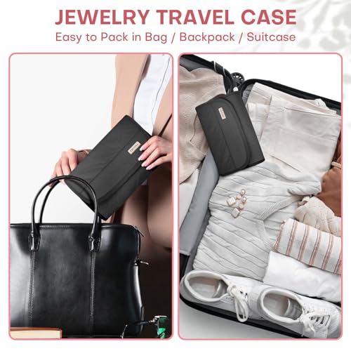 Travel Jewelry Organizer Box, Foldable Travel Case for Earrings, Necklaces, Rings, Bracelets, Black - color: Black-Tri-fold Style