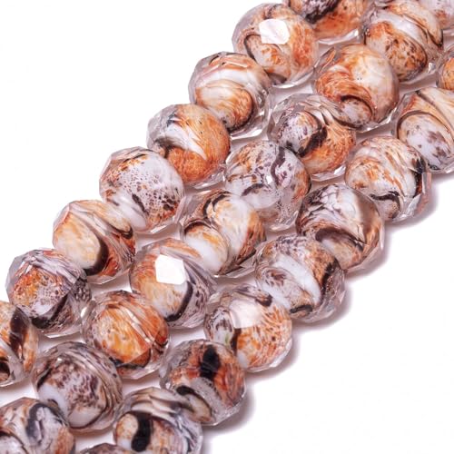 7.5×10mm 50pcs Orange Yellow Brown Stripe Faceted Lampwork Glass Beads for Jewelry Making, Flat Round Handmade Murano Beads for Bracelets, Crafts, Friendship Bracelet Kit, Rosary Making - color: Orange Yellow Brown Stripe