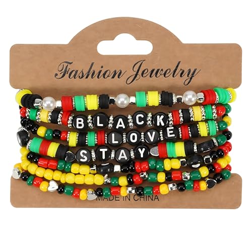 COLORFUL BLING 4th of July Bracelets for Women/Juneteenth African Beaded Stackable Layered Surfer Bracelets Rasta Jamaica Jewelry - color: stay love