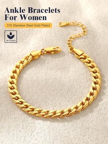 U7 Women Girls Barefoot Jewelry 18K Gold or Rose Gold Stainless Steel Heart/Rope/Figaro/Cuban Chain Anklet Foot Bracelet, 25-30 CM Long - color: Gold Plated-5mm-Cuban Chain