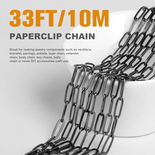 [33 Ft] Gunmetal Paperclip Chains Roll, 3mm Width 304 Stainless Steel Black Paperclip Oval Link Chain Spool Bulk for DIY Jewelry Making - color: black color(3mm)