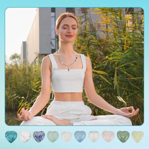 PH PandaHall 50PCS 10mm Heart Gemstone Beads, 10 Styles Natural Synthetic Stone Beads Rose Quartz Beads Crystal Spacer Beads for Christmas Bracelet Necklace Jewelry Making Crafts