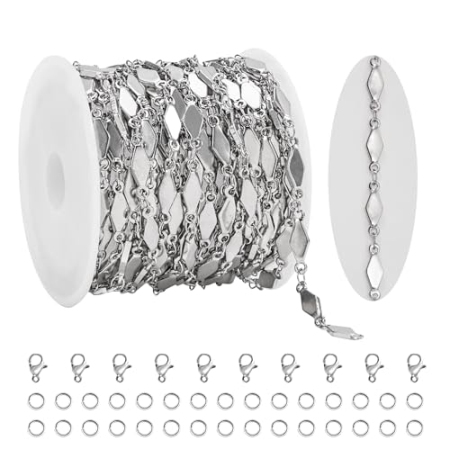 KYUNHOO 13 Feet Stainless Steel Jewelry Making Chains Bulk Rhombus Link Silver Craft Chain Necklace for Men Women with Lobster Clasps and Jump Rings - color: Rhombic Silver