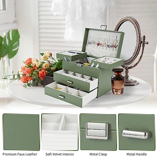 Dajasan Jewelry Organizer Box, Large Jewelry Boxes for Women Girls, Space-Saving 4 Layers Jewelry Storage Case with Drawer, Movable Metal Stand, Modern, Gift Idea (Green) - color: Avocado Green + Silver