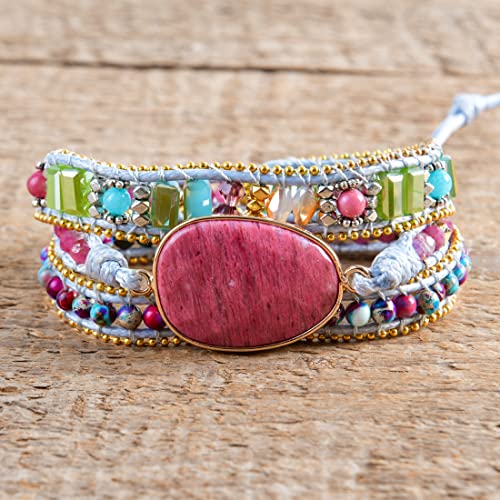 YGLINE Women Boho Handmade Natural Stone Crystal Leather Bead Wrap Bracelets Collection - color: Rhodochrosite 2-3w