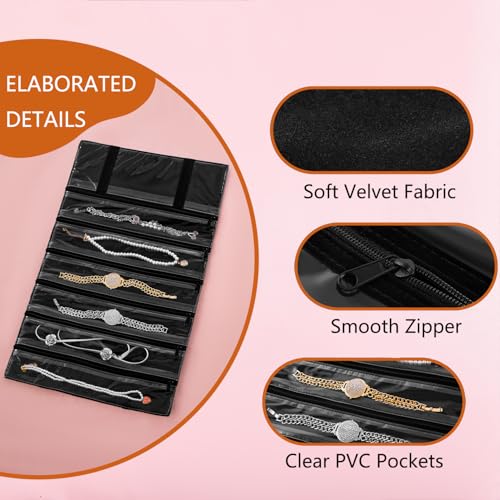 Travel Jewelry Organizer Foldable Jewelries Rolls Makeup Cosmetics Storage Bag for Earrings Rings Necklaces Bracelets with Zippered Pockets (6 Pockets)