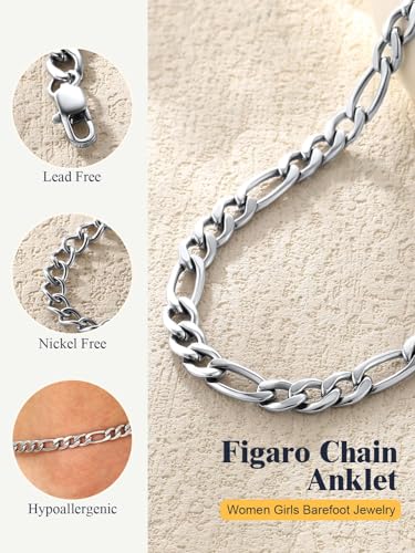 U7 Women Girls Barefoot Jewelry 18K Gold or Rose Gold Stainless Steel Heart/Rope/Figaro/Cuban Chain Anklet Foot Bracelet, 25-30 CM Long - color: Stainless Steel-5mm-Figaro Chain