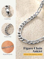 U7 Women Girls Barefoot Jewelry 18K Gold or Rose Gold Stainless Steel Heart/Rope/Figaro/Cuban Chain Anklet Foot Bracelet, 25-30 CM Long - color: Stainless Steel-5mm-Figaro Chain