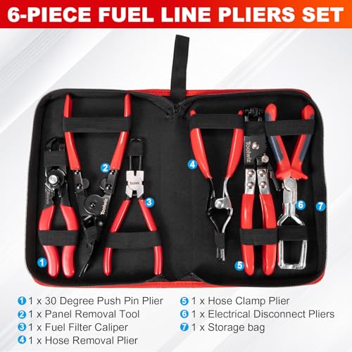 Toolwiz 6 pcs Fuel Line Pliers Set, Hose Clamp Plier, Panel Removal Tool, Hose Removal Plier, 30 Degree Push Pin Pliers, 2 pc 9" Electrical Disconnect Tool for Automotive Repair with Storage Bag - style: 6 Pack