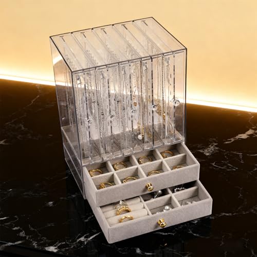 Greenfeather Jewelry Organizer with 7 Removable Drawers, Clear Acrylic Jewelry Box with 40 Necklace Hooks 120 Pairs of Earring Holes 2 Velvet-Lined Drawers for Rings Necklaces Earrings - color: Gray-Style A
