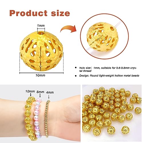 TOAOB 100pcs 10mm Gold Plated Filigree Hollow Ball Beads Round Metal Loose Spacer Beads for DIY Crafts Bracelets Necklaces Earrings Jewelry Making - color: Gold, size: 10mm