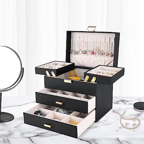 Dajasan Jewelry Organizer Box, Large Jewelry Boxes for Women Girls, Space-Saving 4 Layers Jewelry Storage Case with Drawer, Movable Metal Stand, Modern, Gift Idea (Black + Gold) - color: Black + Gold