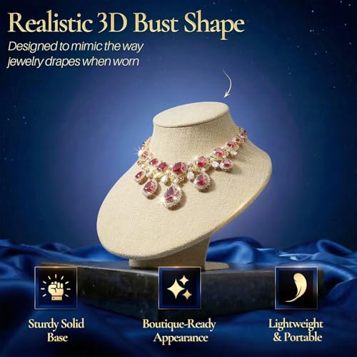 Flexzion Necklace Bust Display Stand - 7 Inch 3D Mannequin Beige Linen Necklace Display Holder for Home, Boutique & Trade Shows - Jewelry Display for Selling Necklace, Pendants, Chokers, Lockets - size: Short (1 Pack)