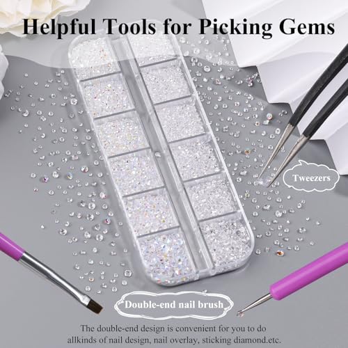 6800Pcs White AB Resin Rhinestones, 1.5mm 2mm 3mm Pointed Bottom Crystals Stones Diamonds Nail Gems Bedazzler Kit with Pickup Tools for Nails Face Eyes Makeup Tumblers Crafts (25-K1-pointed-white) - color: 25-K1-pointed-white