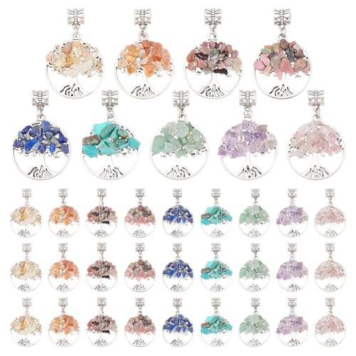 36Pcs 9 Styles Tree of Life Charms European Style Alloy Tree Charms Antique Silver Hollow Mixed Stone Beaded Dangle Charm Bulk for Jewelry Making Bracelet Necklace DIY Findings