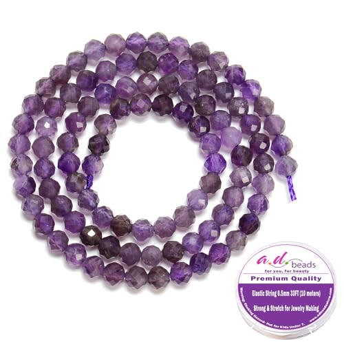 AD Beads Natural Gemstone Diamond-Cut Micro-Faceted Round Small-Size Tiny 4mm Small Round for DIY Necklace Jewelry Making Beads (Amethyst) - color: Amethyst