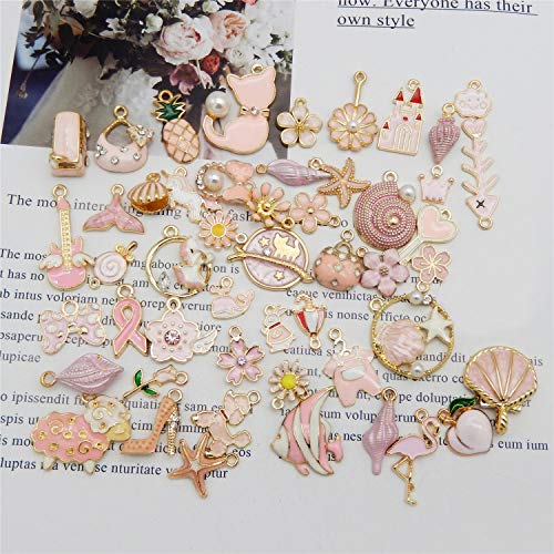 40pcs(20PAIRS) Assorted Gold Tone Enamel Animals Fruit Moon Star Dainty Dangle Flowers Pendants Charms for Jewelry Making Necklace Bracelet, Pink Theme